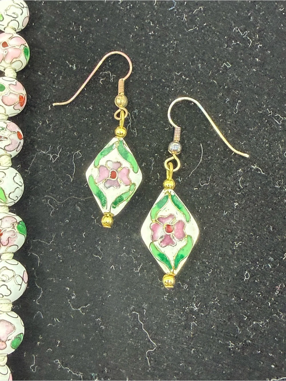Cloisonné enamel bead necklace 18” & 2pr matching earrings - Picture 3 of 8